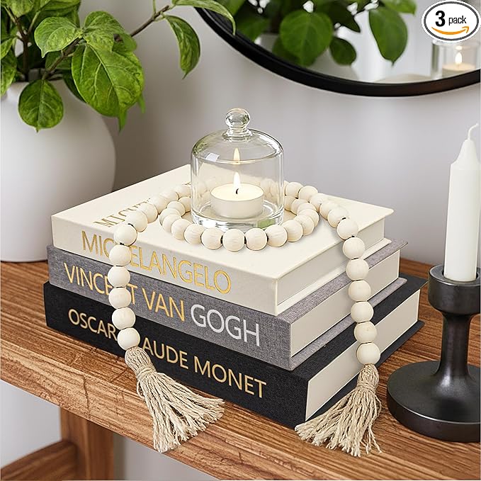 Aesthetic Decorative Books for Home Decor w. Wood Bead - Set of 3 Linen Fake Books for Decoration, Coffee Table Book Box Decor for Mantle/Bookshelf/Farmhouse/Entryway/Nightstand