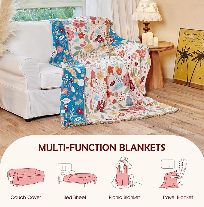 Boho Throw Blanket - 100% Cotton Soft Breathable Throw Spring Blankets, 50"x60" 4-Layer Lightweight Muslin Cotton Quilt, Floral Printed Bohemian Decor Throw Blankets for All Season