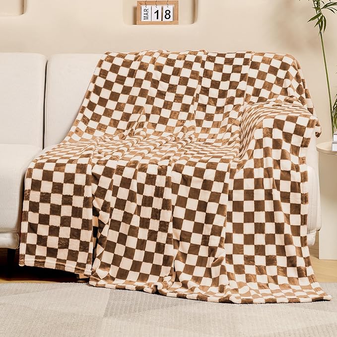 FY FIBER HOUSE Checkered Flannel Fleece Throw Blanket Soft Cozy Checkerboard Grid Print Chessboard Pattern Blankets for Dog Cat, 40"x50", Khaki