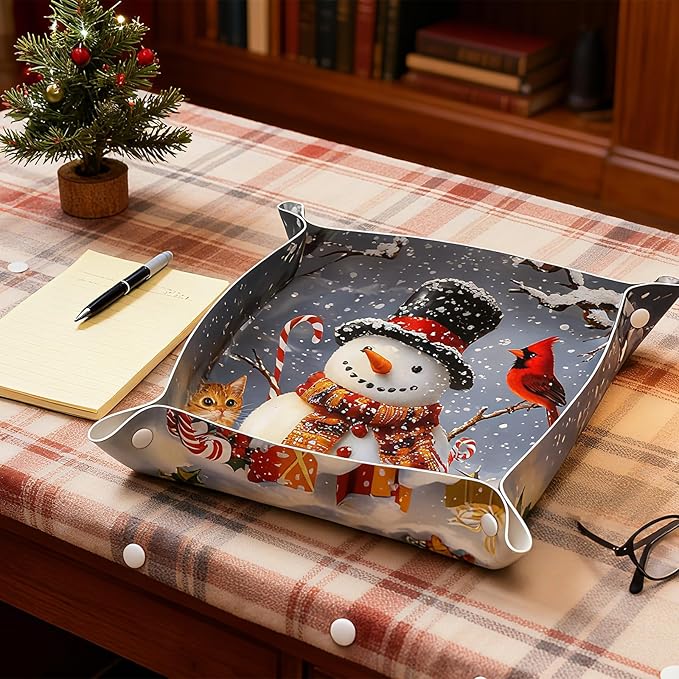 Tray Leather Valet Tray Winter Snowman Cardinal Catchall Trays Key Organizer Night Stand Organizer Bedside Vanity Trays Decor for Entryway Table