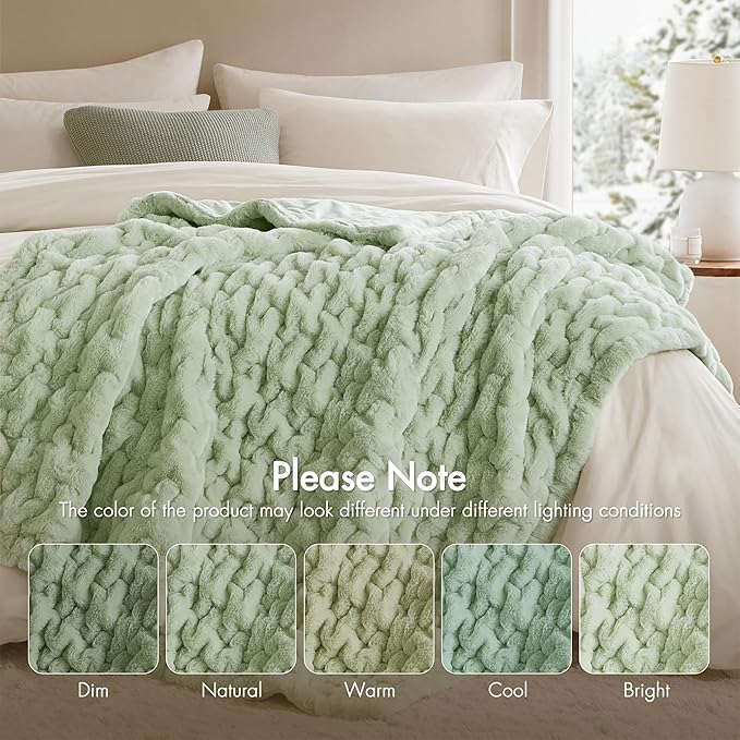 Madison Park Ruched Luxury Throw Premium Soft Cozy Brushed Long Faux Fur for Bed, Couch or Sofa, 50"x60", Sage Green