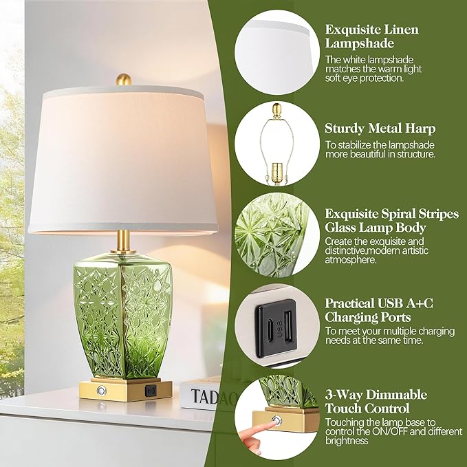 QiMH Glass Table Lamps for Living Room, Modern Bedside Lamps for Night Stands with USB A+C Ports, 3-Way Dimmable Touch Lamp for Bedroom Set of 2 with White Linen Shade Home Decor, Green
