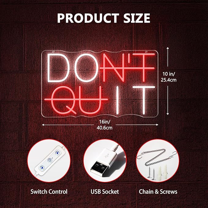 Dimmable Don't Quit Neon Sign for Wall Decor, USB LED Light for Home Gym Bedroom Man Cave Office, DO IT Inspirational Gamer Room Decorations