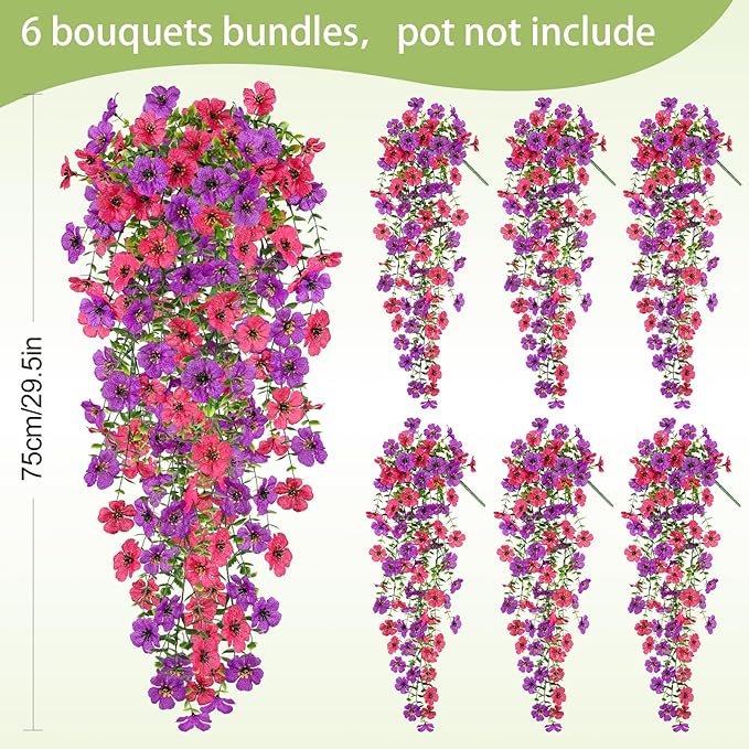 Artificial Flowers for Outdoors Spring Decor, 6 Bundles UV Resistant Realistic Fuax Silk Hanging Flowers, Fake Plants for Planter Indoor Outside Garden Porch Patio Balcony Yard(Fuchsia Purple)