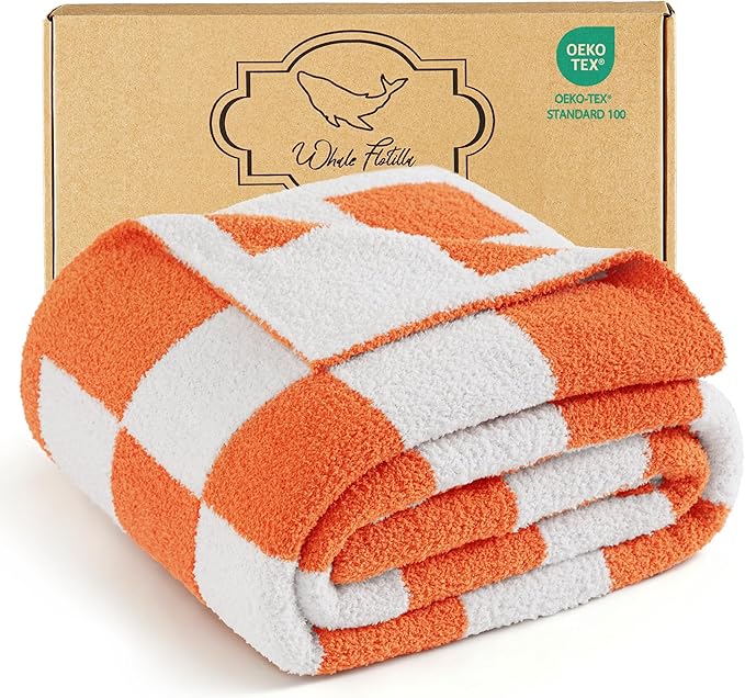 Whale Flotilla Checkered Knit Throw Blanket, Ultra Soft Warm Reversible Cozy Decorative Blankets for Couch Sofa and Bed, 50x60 Inch, Orange