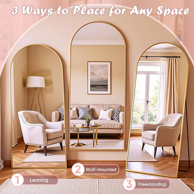 Full Length Mirror, 71" x 28" Arched Full Body Mirror Large Standing Floor Mirrors, Mirrors for Bedroom, Bathroom, Living Room Standing or Wall Leaning, Gold