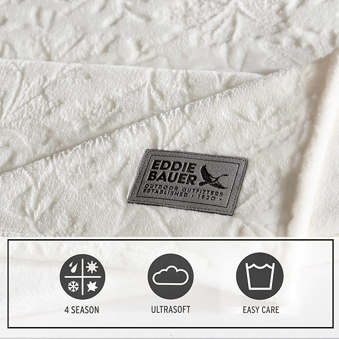 Eddie Bauer - Throw Blanket, Ultra-Soft & Embossed Plush Bedding, Blanket for Couch & Bed (Woodblock Floral White, 50" x 70")