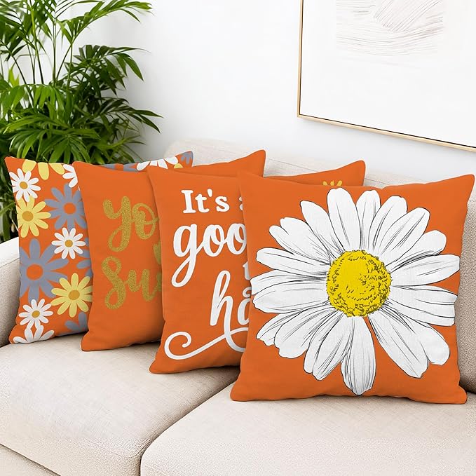 Hexagram Spring Summer Pillow Covers 18x18 Set of 4, Outdoor Floral Daisy Decorative Orange Throw Pillow Covers, You are My Sunshine Farmhouse Cushion Case for Couch Sofa Indoor Home Decor(No Insert)
