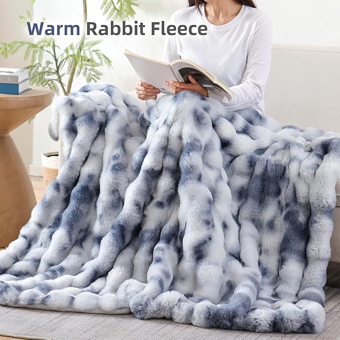 Smoofy Faux Fur Throw Blanket for Couch Rabbit Fleece - Tie-dye Blue Fluffy Blanket for Sofa Bedroom Living Room, Cozy Soft Plush Luxury Thick Winter Fuzzy Comfy Bubble Blanket - 60" x 80"