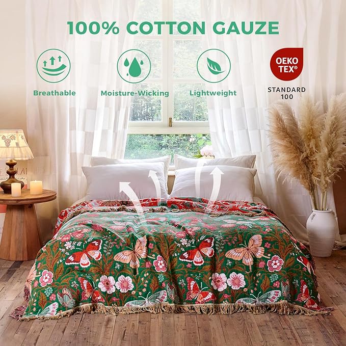Boho Throw Blanket for Couch Sofa Chair Cotton Spring Blankets for Bedroom Living Room All Season Lightweight Reversible Butterflies Embroidery Throws 50"x60"
