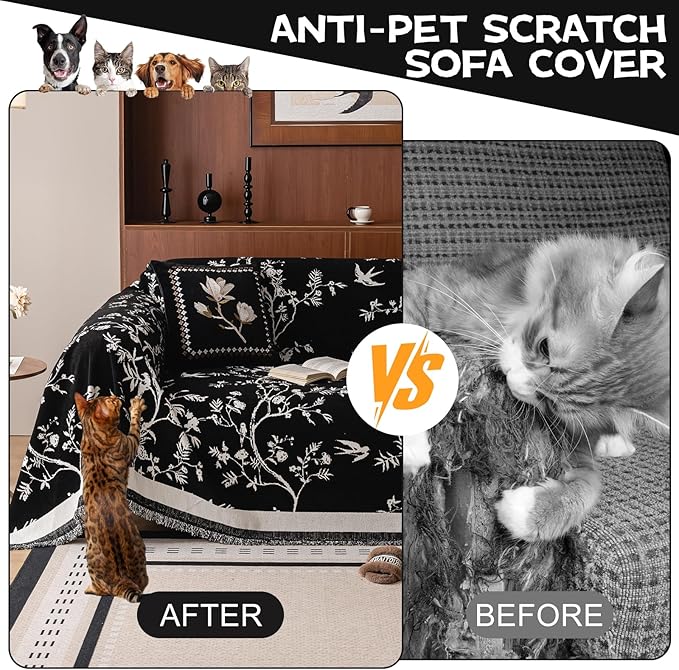 HANDONTIME Couch Cover for Dogs Washable Bird Floral Pattern Slipcovers for Couches and Sofas Black Sofa Covers with White Jacquard Flower Chenille Couch Cover Blanket Pet Friendly, 71" X 150"