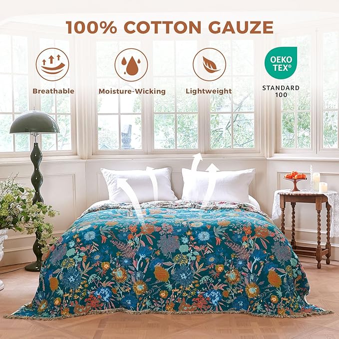 Boho Throw Blanket for Bed Cotton Spring Blankets for Bedroom Living Room Twin All Season Lightweight Floral Embroidery Quilt for Couch Sofa Chair 60"x80"