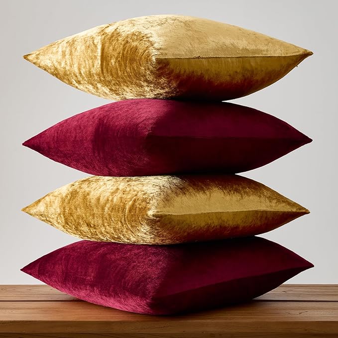 GIGIZAZA Burgundy Gold Pillow Covers: Decorative 18x18 Super Soft Throw Pillows Square Covers Pack of 4 - Velvet Elegant Solid Couch Cushion Covers for Living Room,Bedroom,Sofa,Christmas