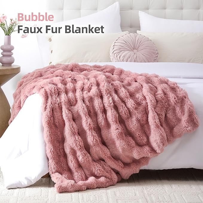 Smoofy Faux Fur Throw Blanket for Couch – Old Pink Fluffy Cozy Rabbit Fleece, Plush Soft Bubble Blanket for Sofa & Bed, for Mom, Warm Fuzzy Home Room Decor Throw 50" x 60"