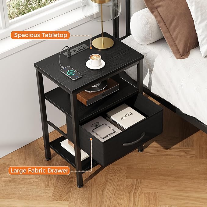 DUMOS Bedside Table with Charging Station and Adjustable Fabric Drawer Compact Nightstand 3-Tier Storage Organizer End Table for Bedroom,Black