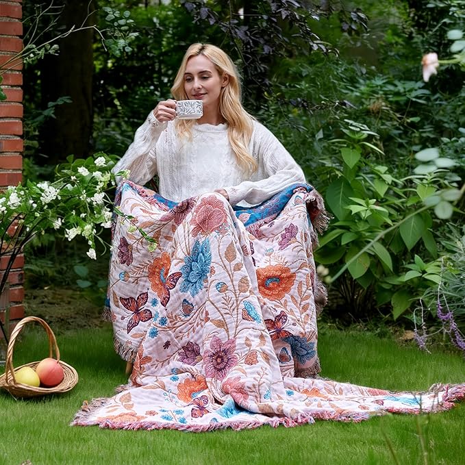 Boho Throw Blanket for Bed Cotton Spring Blankets Twin Size for Bedroom Living Room All Season Lightweight Floral Butterfly Embroidery Quilt for Couch Sofa Chair 60"x80" Home Decor