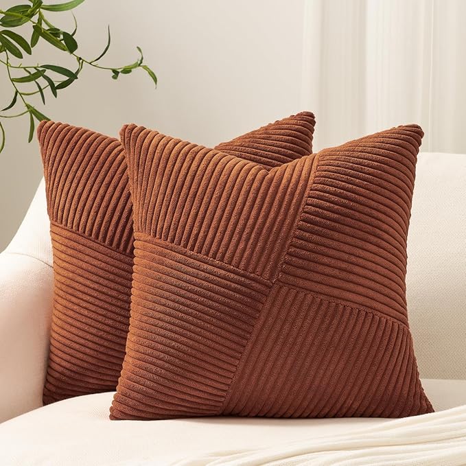 Topfinel 24x24 inches Terracotta Euro Pillow Shams Set of 2 Corduroy Decorative Throw Pillow Covers for Bedroom Living Room, Windmill Textured Striped Patchwork Couch Pillow Covers 60x60 cm