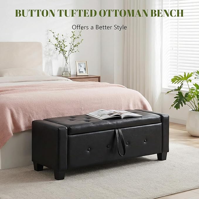 48" PU Leather Storage Ottoman Benches for Bedroom,Tufted Ottomans with Storage for Living Room,Mid Century Modern Bench with Seating for Entryway,Window,Bedside (PU Black, 48 inch)