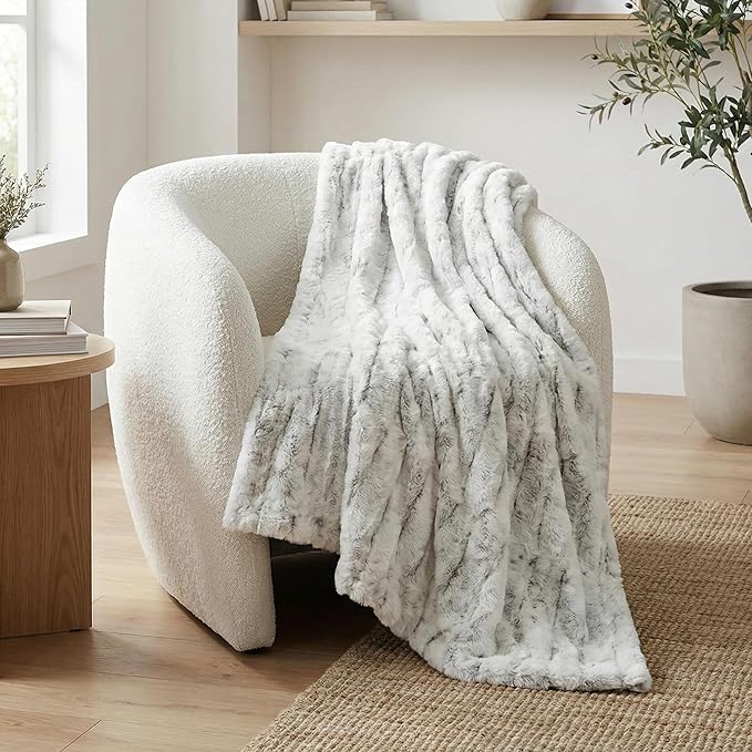 Americanflat Faux Fur Throw Blanket - Luxury 50x60 Extra Soft Plush Snow Leopard Fur, Reversible & Machine Washable Cozy Throw for Bed, Couch, Sofa, or Living Room Decor - Gray and White