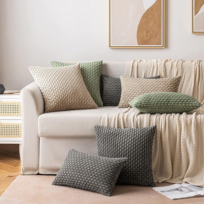 MIULEE Pack of 2 Decorative Throw Pillow Covers 18x18 Inch Soft Boho Striped Textured Corduroy Pillow Covers Modern Farmhouse Home Decor for Couch Bed Sofa Living Room Neutral Tan