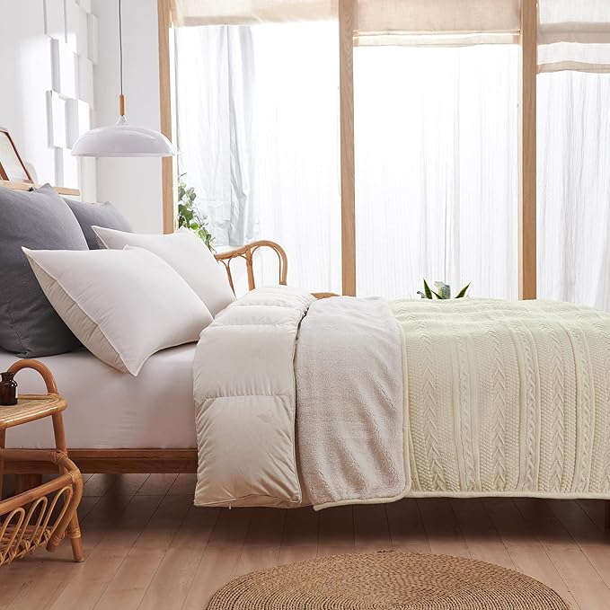 Longhui bedding Cream Acrylic Cable Knit Sherpa Throw Blanket - Thick, Soft, Big, Cozy Knitted Fleece Blankets for Couch, Sofa, Bed - Large 60 x 80 Inches Beige Coverlet All Season