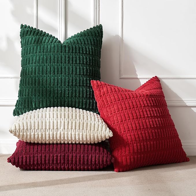 MIULEE Pack of 4 Christmas Boho Farmhouse Red and Green Corduroy Decorative Throw Pillow Covers 18x18 Inch Retro Soft Striped Pillow Covers Home Decor for Sofa Living Room Couch Bed