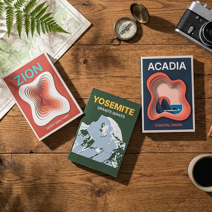 Gifts for Travelers & Hikers - National Park Decorative Books with Storage (Zion, Yosemite, Acadia) - Vintage Travel Decor Memory Box for Keepsakes, Coffee Table & Shelf Display (Set of 3)