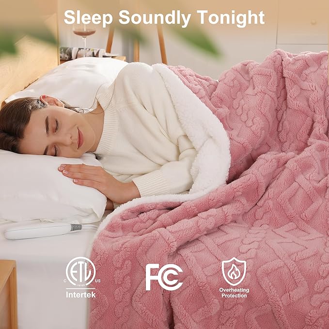 Heated Throw Blanket 50"x60" with 5 Heating Levels & 4 Hours Auto Off, Soft & Plush Sherpa Electric Blanket Throw with ETL & FCC Certification for Home Use, Machine Washable, Great Gift, Pink
