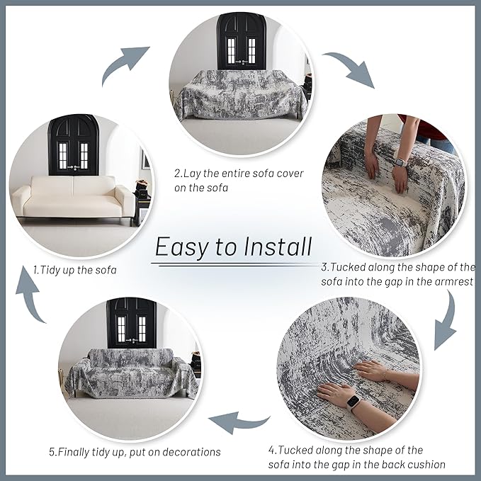 MYSKY HOME Sectional Couch Cover Deep Grey Abstract Geometric Sofa Covers for Sectional Sofa L Shape Chenille Couch Protector for Dogs Pets Couch Throw Cover Washable Durable for Home Decor, 91" X134"
