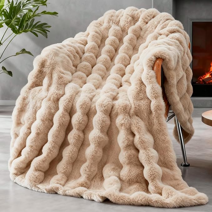 Faux Fur Throw Blanket for Couch, 1000 GSM Cozy Fuzzy Fluffy Soft Plush Thick Bubble Sherpa Blanket for Sofa Bedroom Living Room, Mothers Day Birthday Gifts for Women Home Decor