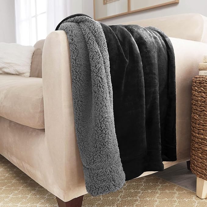 Genteele Sherpa Throw Blanket Super Soft Reversible Ultra Luxurious Plush Blanket, 50 x 60 inches, Black/Gray