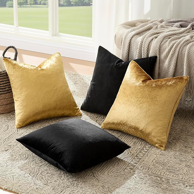 GIGIZAZA Pack of 4 Black Gold Pillow Covers,16x16 Velvet Throw Pillows Soft Covers Decorative Luxury Couch Square Pillow Covers Modern Living Room Cushion Covers