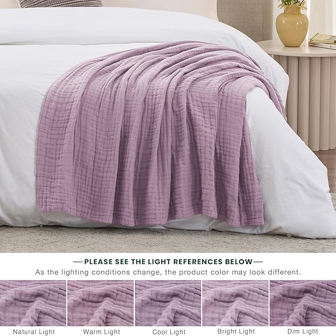Love's cabin 100% Cotton Muslin Blanket, 6 Layer Lightweight Breathable Gauze Large Throw Blanket 50 x 70 Inches, Soft Cooling All Season Blanket for Couch or Sofa, Lavender