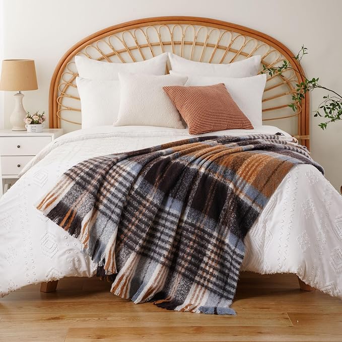 BATTILO Plaid Throw Blanket for Couch Bed, Soft Mohair Tartan Plaid Blanket, Farmhouse Style Checkered Pattern, Bluish Grey Throw Blankets for Home Decor(50"x60")