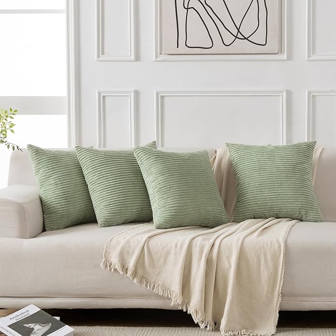 Volcanics Set of 4 Sage Green Corduroy Decorative Couch Throw Pillow Covers 18x18 Inch, Western Modern Farmhouse Striped Cushion Cases, Soft Boho Square Accent Pillow Covers for Home Sofa
