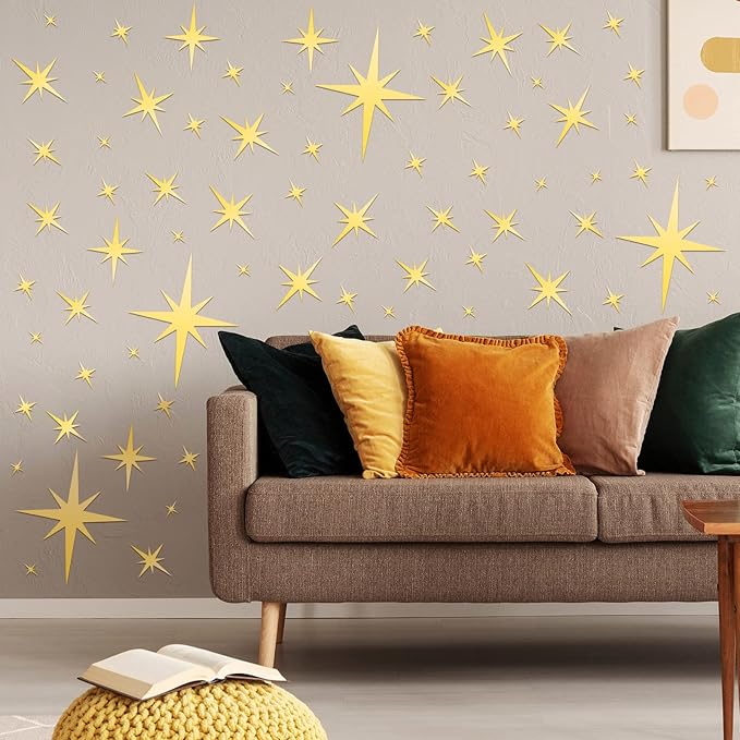 Zonon 82 Pieces Mirror Wall Stickers Star Wall Decals Decor Removable 3D Acrylic Mirror Star Setting Sticker for Ceiling Home Bedroom Living Room Girls Room Decor(Gold)