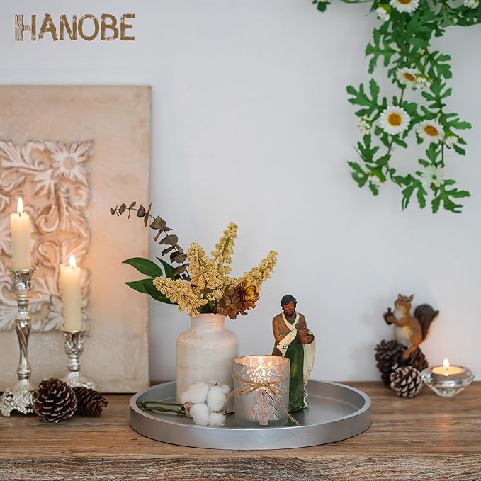 Hanobe Decorative Trays for Coffee Table: Round Sliver Tray for Home Decor - 12" Modern Circle Ottoman Trays for Living Room - Candle Holder Plate for Kitchen Entryway Table