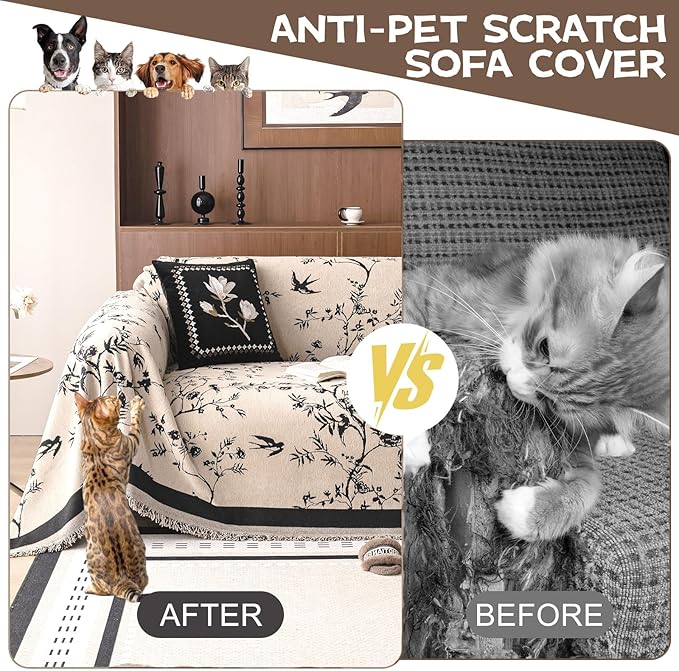 HANDONTIME Couch Cover for Dogs Washable Bird Floral Pattern Slipcovers for Couches and Sofas Camel Sofa Covers with Black Jacquard Flower Chenille Couch Cover Blanket Pet Friendly, 71" X 134"