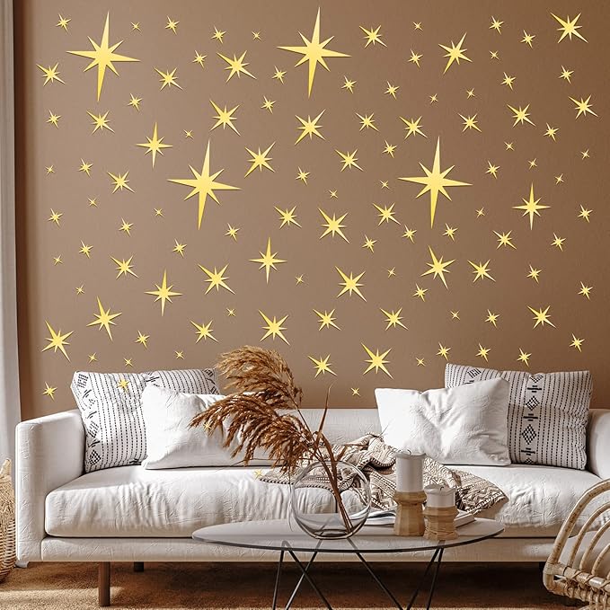 Zonon 82 Pieces Mirror Wall Stickers Star Wall Decals Decor Removable 3D Acrylic Mirror Star Setting Sticker for Ceiling Home Bedroom Living Room Girls Room Decor(Gold)
