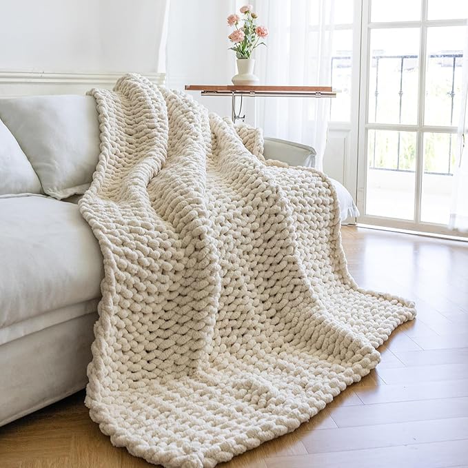 Chunky Knit Blanket - Luxury Soft Cozy 60 * 80 Throw Blanket,100% Woven Blanket Rope Knot Throw Blanket for Couch, Sofa, Home Decor, Gift - Machine Washable (Cream, 60 * 80)