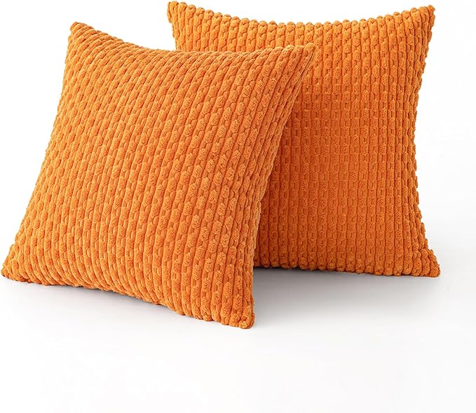 MIULEE Orange Throw Pillow Covers Soft Corduroy Decorative Set of 2 Boho Striped Pillow Covers Pillowcases Farmhouse Home Decor for Halloween Couch Bed Sofa Living Room 18x18 Inch