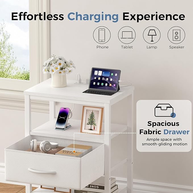 DUMOS Nightstand Set of 2 with Wireless Charging Station,Bedside Tables with Adjustable Fabric Drawers,3-Tier Storage End Tables with Open Shelf, Modern Small NightStands for Bedroom Furniture,White