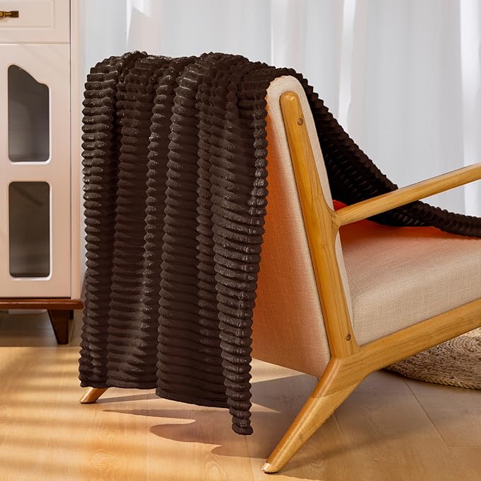 Vessia Flannel Fleece Throw Blanket, 300GSM Cozy Brown Striped Throw for Couch, Sofa and Bed, Warm and Soft Chocolate Microfiber Ribbed Blanket for All Season(50x40inch)
