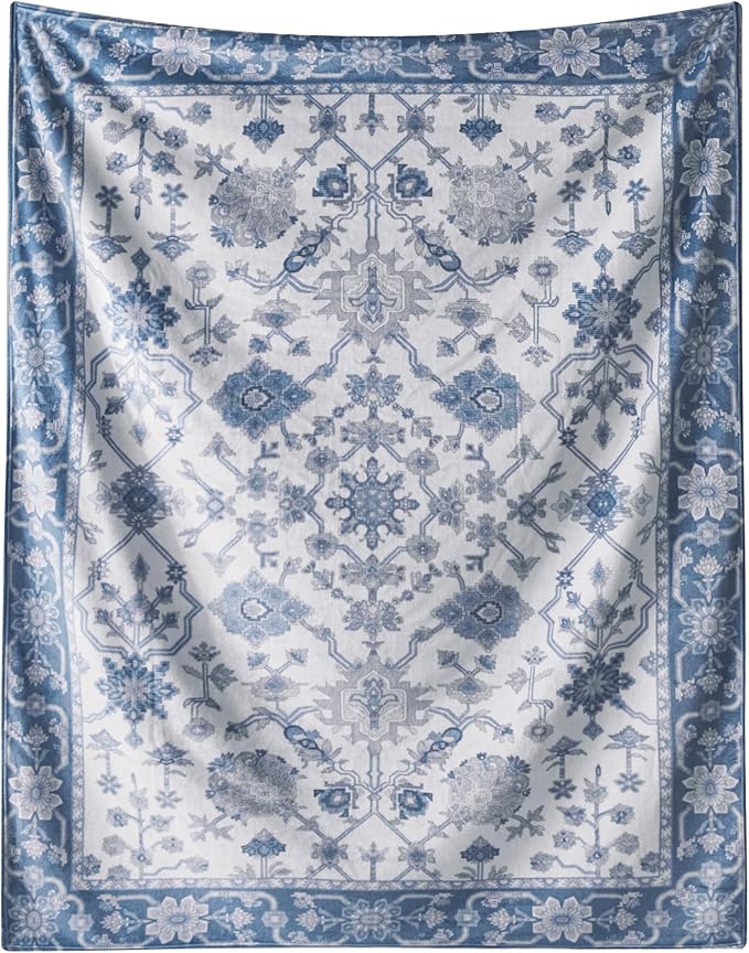 Garden Print Blanket Fleece Throw for Bed Sofa Travel and Camping, Super Soft Cozy Fluffy Plush Garden Print Blanket for All Seasons 60"x80" Navy Blue