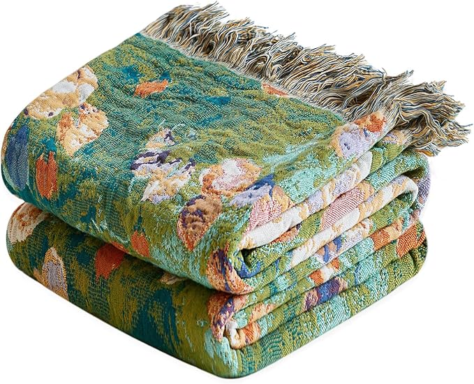 Boho Throw Blanket for Bed Cotton Spring Blankets Twin Size for Bedroom Living Room All Season Lightweight Floral Embroidery Reversible Quilt for Couch Sofa Chair 60"x80" Home Decor