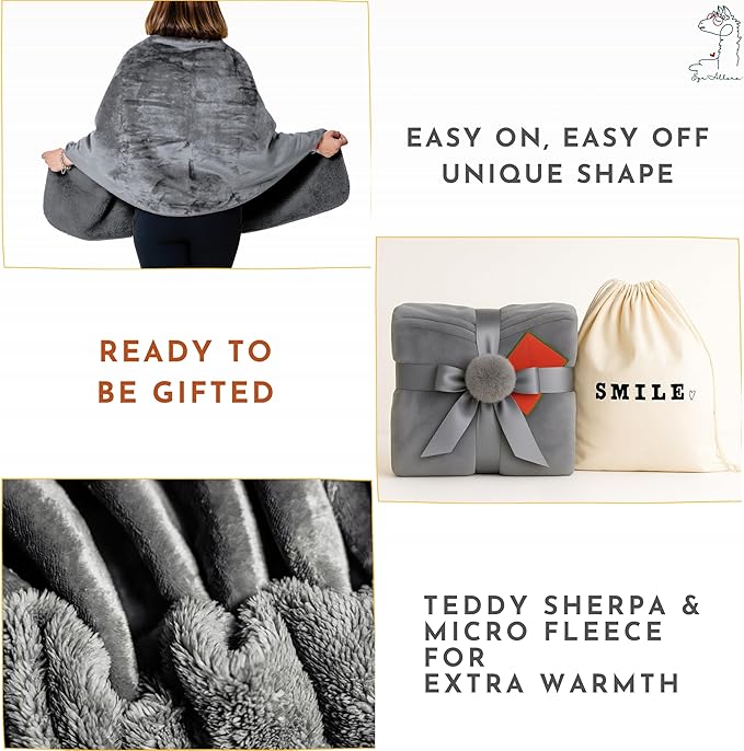 Premium Double Layer Poncho Blanket -No Sleeves Easy On Easy Off- Drape and Go- Top Christmas Gifts for Grandma, Gift for Mom and Elderly Women (Silver Grey)