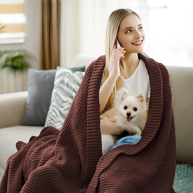 Knitted Throw Blanket 50"X60", Brown Knit Throws for Bed, Super Soft Boho Chevron Blankets for Couch Sofa Chair Room Decor, Textured Decorative Farmhouse Cozy Lightweight