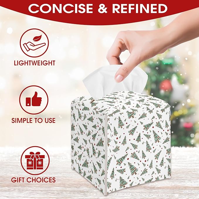 White Christmas Trees Tissue Box Cover Holder, Christmas Leather Tissue Box Cover Square, Xmas Gift Ideas for Family Friends, Bathroom Kitchen Car Office Home Table Decor(5.2 Inches)-B10