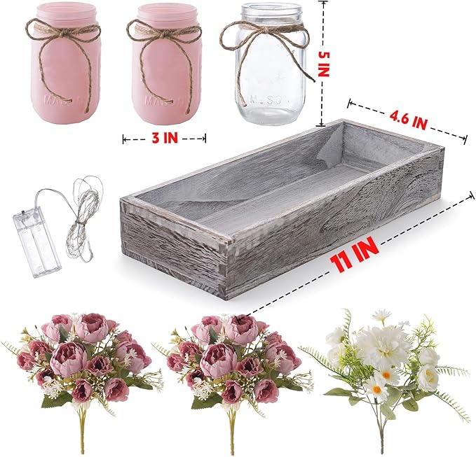 LUEUR Artificial Spring Rose Flowers in Mason Jars with Rustic Wood Tray, 3PCS Set – Pink Floral Centerpiece Table Decorations for Coffee Table, Dining Room, Kitchen & Farmhouse Home Decor