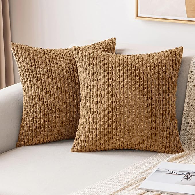 MIULEE Pack of 2 Decorative Throw Pillow Covers 20x20 Inch Soft Boho Striped Textured Corduroy Pillow Covers Modern Farmhouse Home Decor for Couch Bed Sofa Living Room Light Coffee